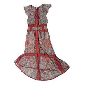 Lucky Brand Felice Dress Medium Midi Boho Hippie Red Border Print Flutter Sleeve